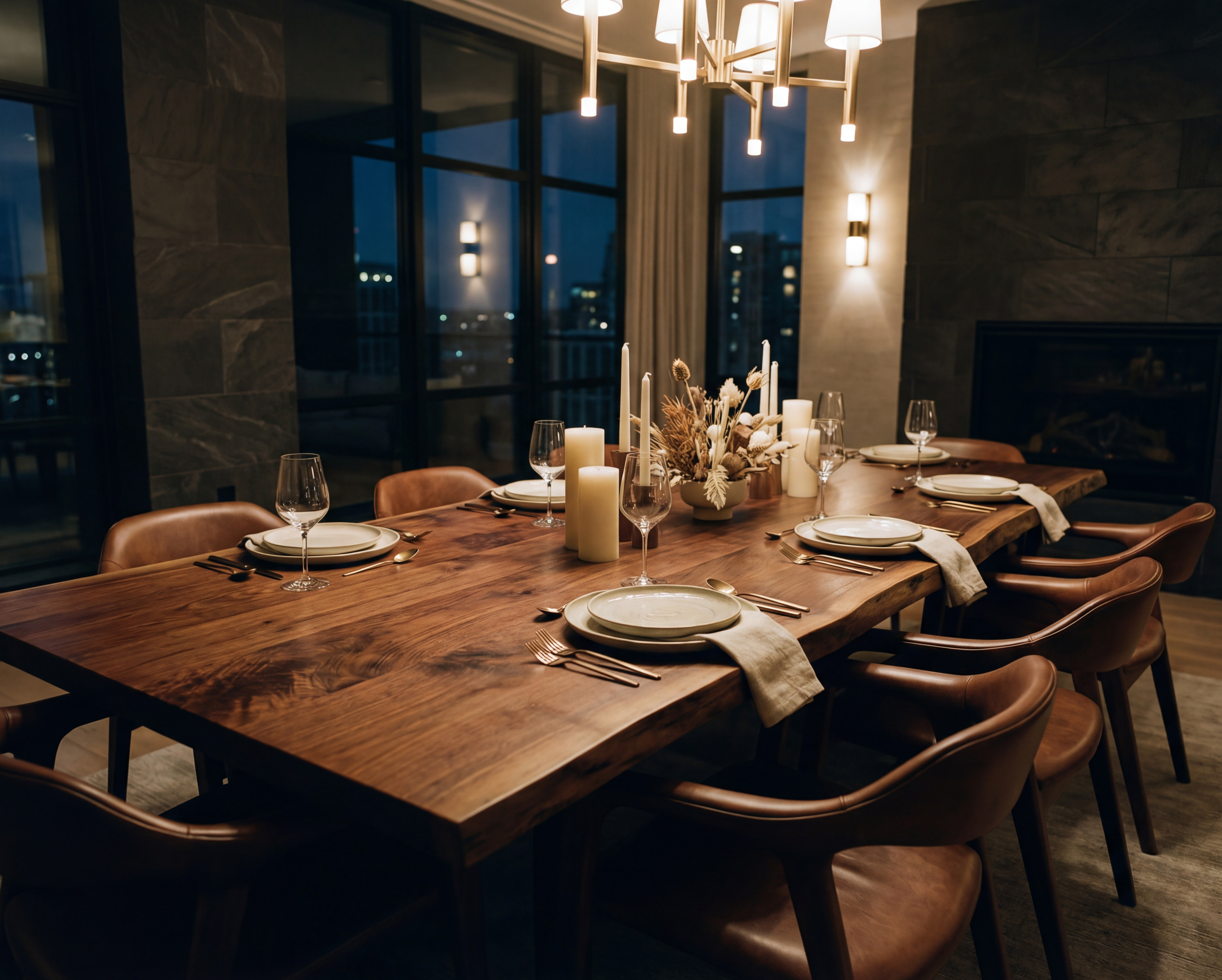 Luxury dining room with wooden furniture
